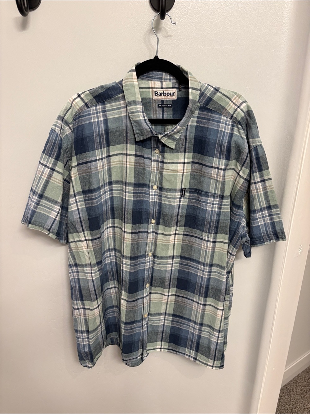 Barbour Blue and Green Plaid Short Sleeve Button-Down Shirt
